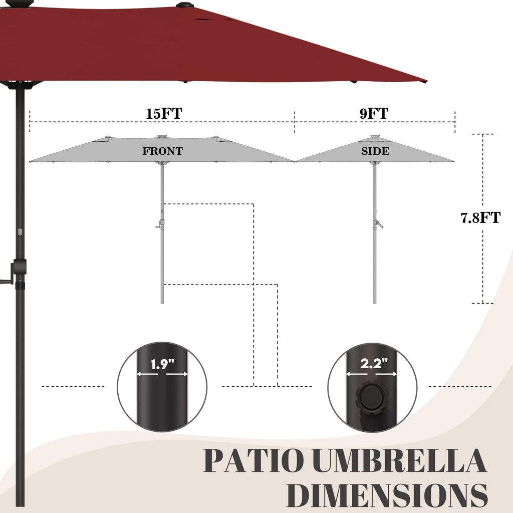15ft Rectangular Patio Umbrella with Solar LED Lights, Double-Sided Outdoor Market Umbrella Extra Large Shade for