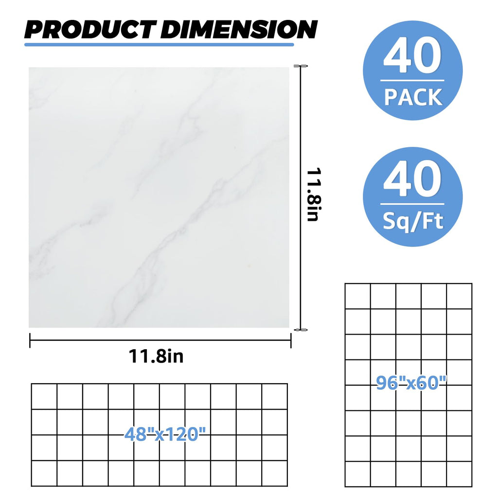 40 Sheet Vinyl Flooring 12x12 Inch Peel and Stick Floor Tile Waterproof White Marble Vinyl Floor Tiles Clearance Self