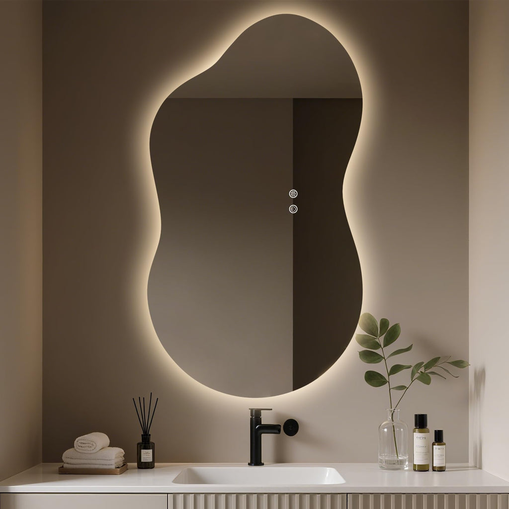 46"x26" Asymmetrical Bathroom Mirror with Lights, Irregular LED Backlit Vanity Mirror for Modern Master Bathroom