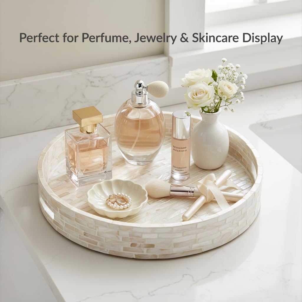 12.6" Decorative Round Serving Tray, Mother of Pearls Inlaid Coffee Table Tray w Insert Handles,Nacred Wooden Ottoman