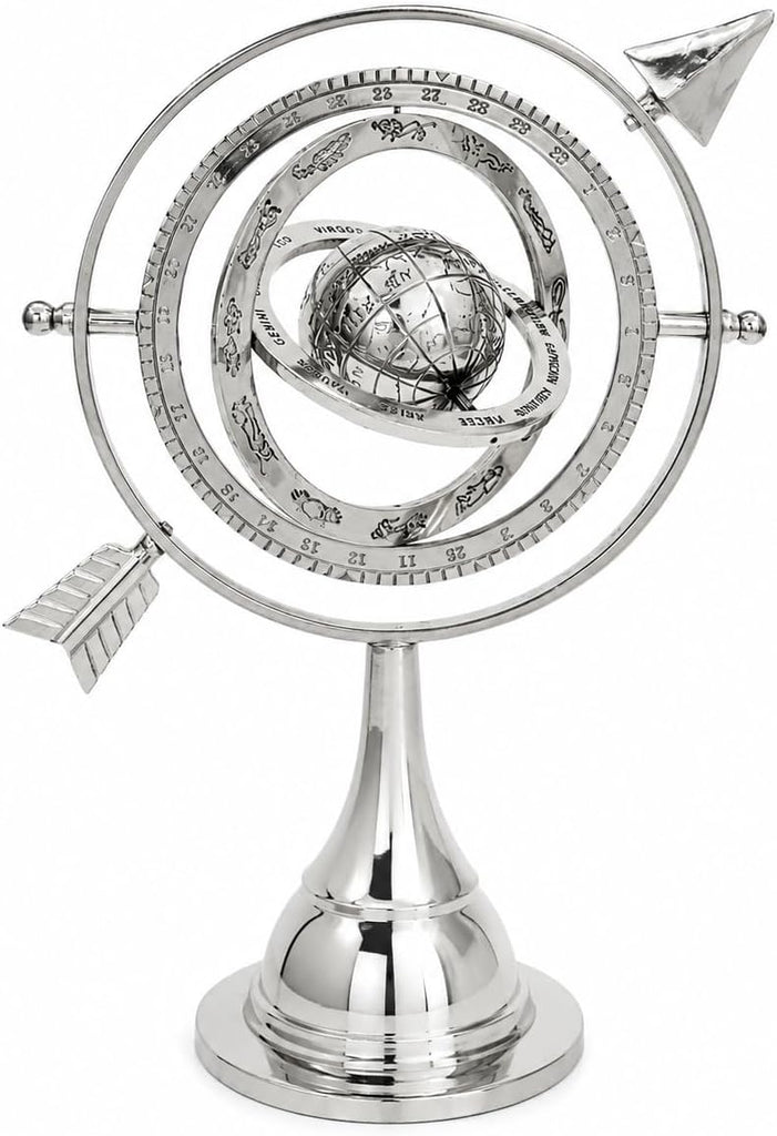 Silver Armillary Sphere Desk Decor - Celestial Globe Astrolabe with Arrow Design, Decorative Antique Showpiece Table.
