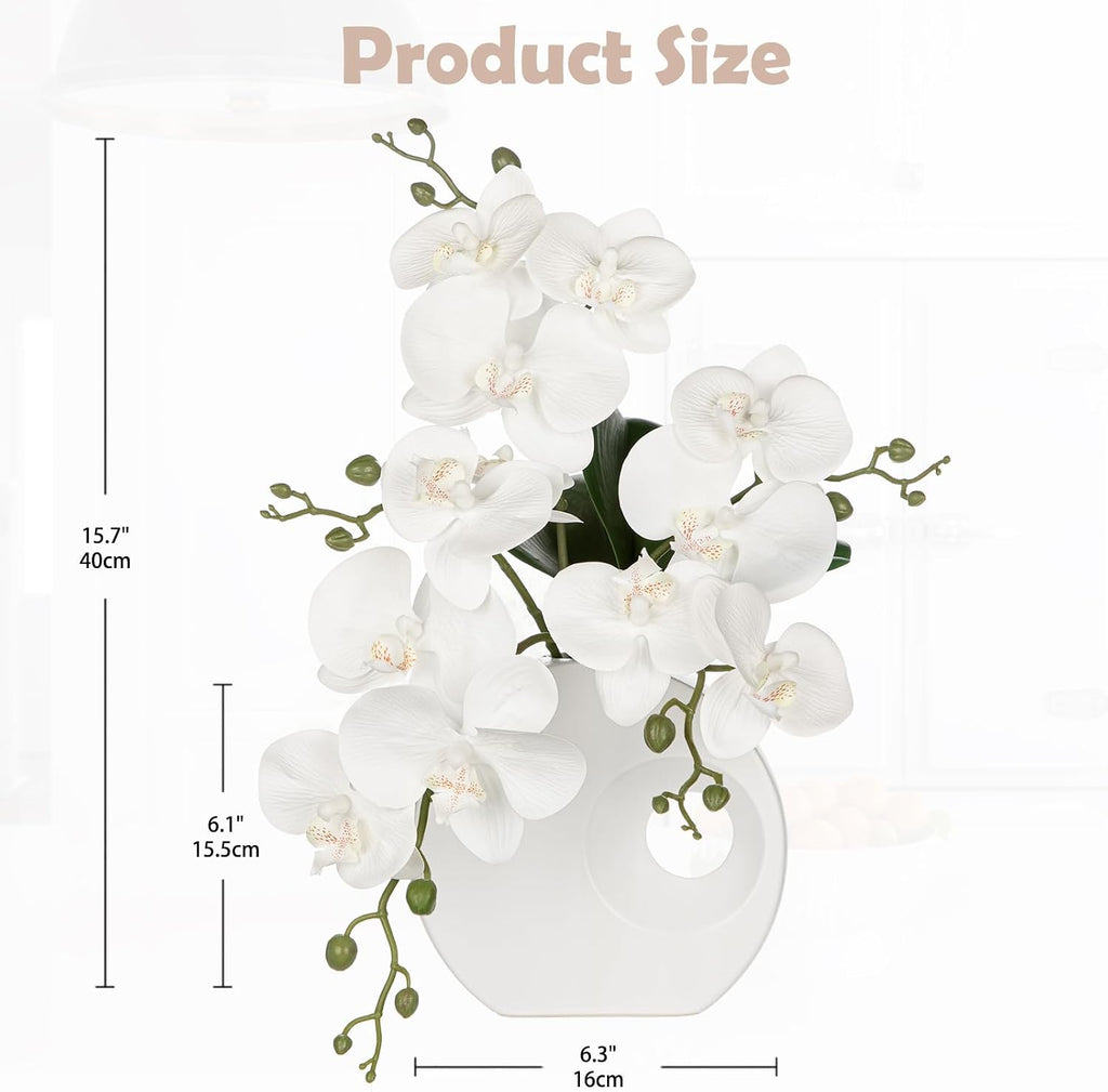 Artificial Orchid White Flowers in Modern Ceramic Vase 15.7" Tall Faux Orchid Arrangement Silk Orchid Flower Fake