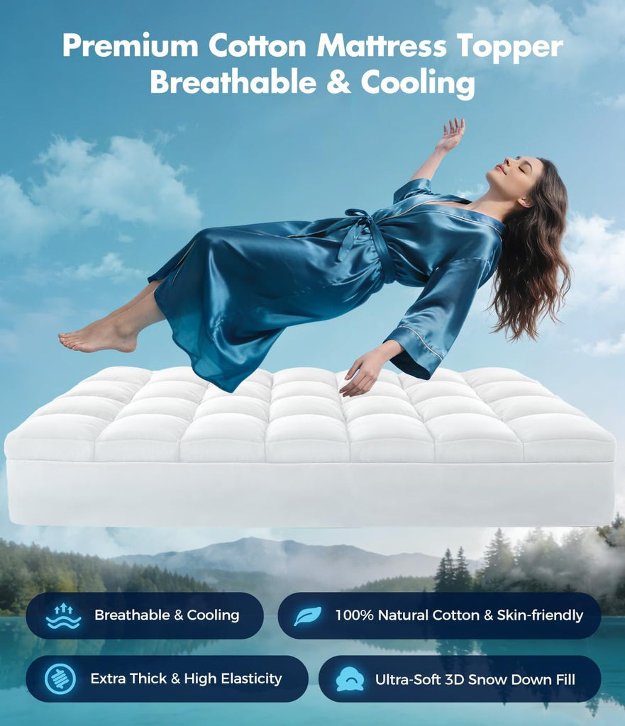 Queen Cotton Mattress Topper, Extra Thick Pillow Top Mattress Pad | 100% Pure Cotton Surface, Cooling Plush Bed