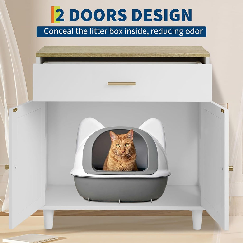 Cat Litter Box Cabinet Corner Hidden Litter Box Enclosure with Scratching Board Doors & Storage Drawer, Fits Most