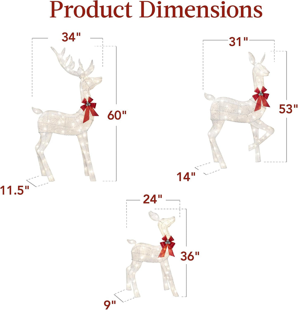 3-Piece Large Lighted Christmas Deer Family Set 5Ft Outdoor Yard Decoration with 360 LED Lights, Stakes, Zip Ties