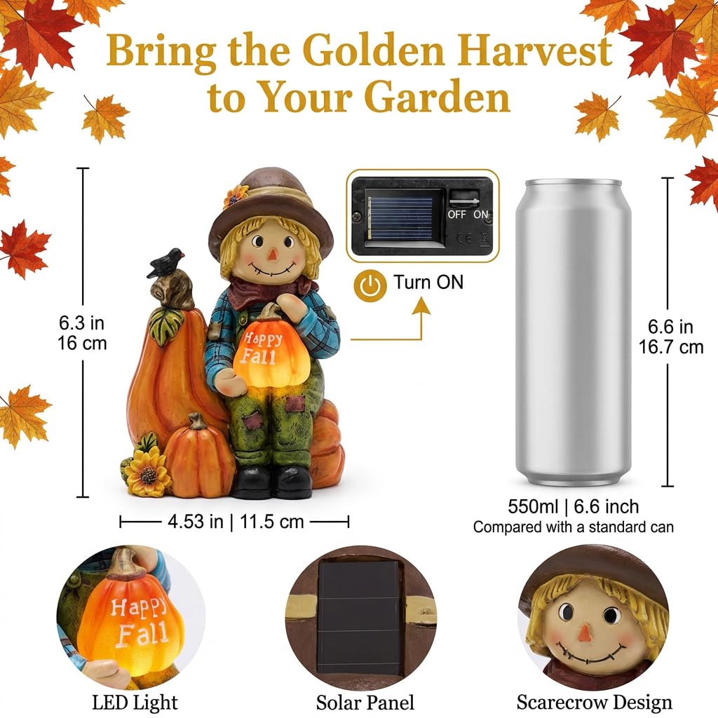 Fall Outdoor Decor Scarecrow Pumpkin Solar Statue 6.3"