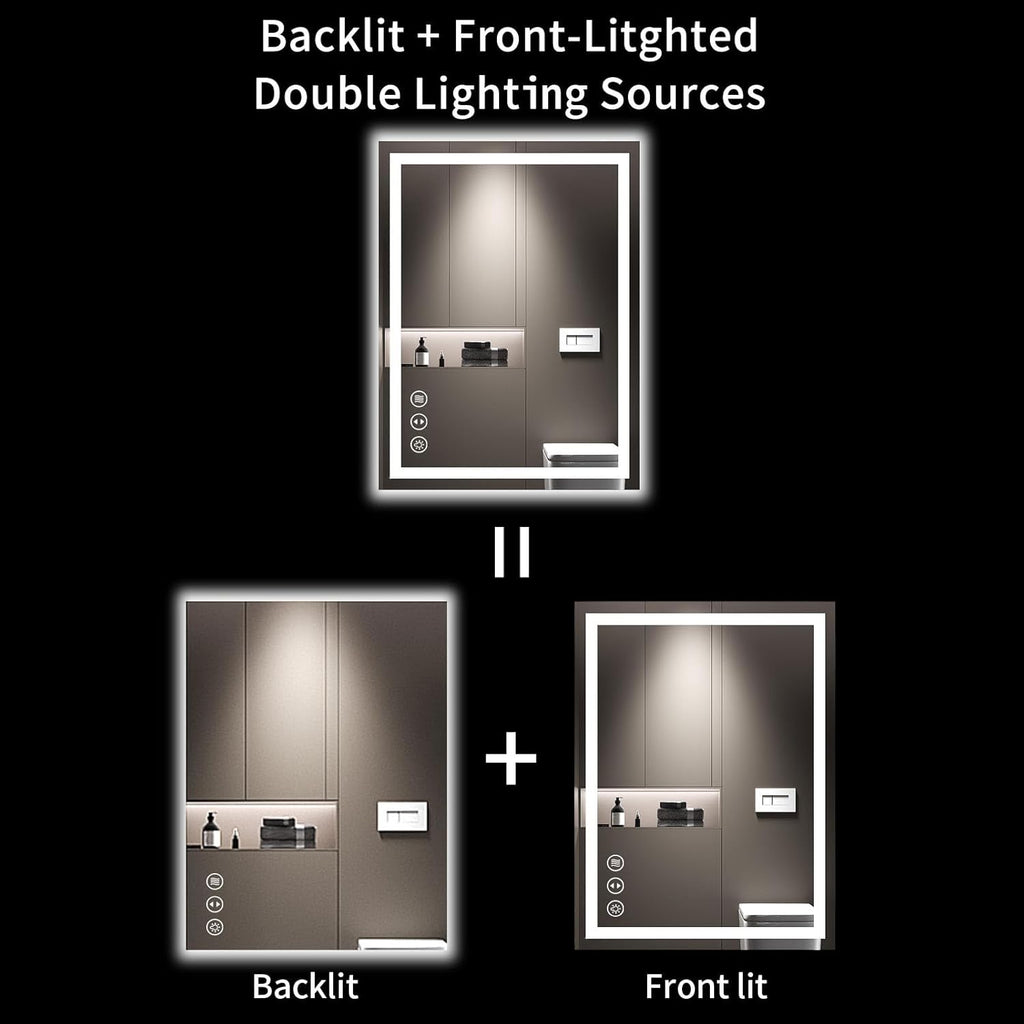 24X32 LED Bathroom Mirror with Lights, Anti-Fog, Dimmable, Backlit + Front Lit, Lighted Bathroom Vanity Mirror for