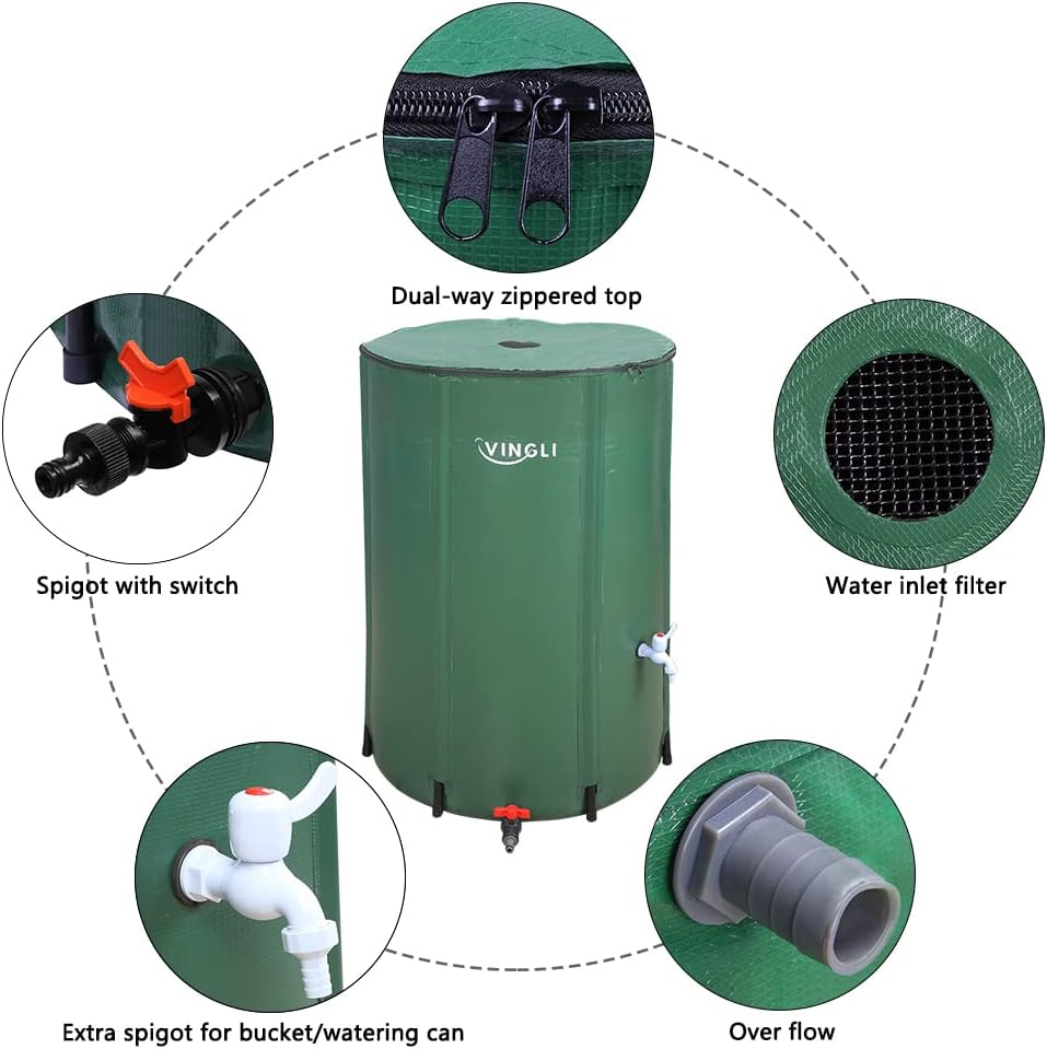 PVC 50 Gallon Collapsible Rain Barrel (Green, 100 Gallon) | Upgraded Foldable PVC Rain Water Collection Barrel, Water