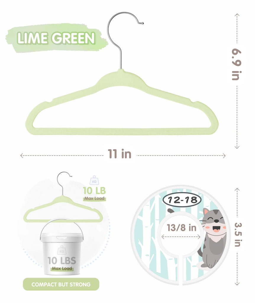 Velvet Baby Hangers with 6 Pcs Dividers, 11 Inch, Lime Green, 30 Pcs