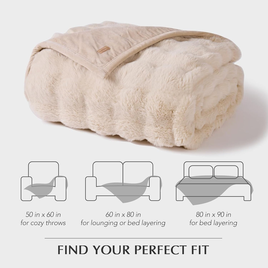 Faux Rabbit Fur Bubble Throw Blanket, 60"x80", Cream | Ultra Soft, Luxury Faux Rabbit Fur Throw, Thick Warm Bubble