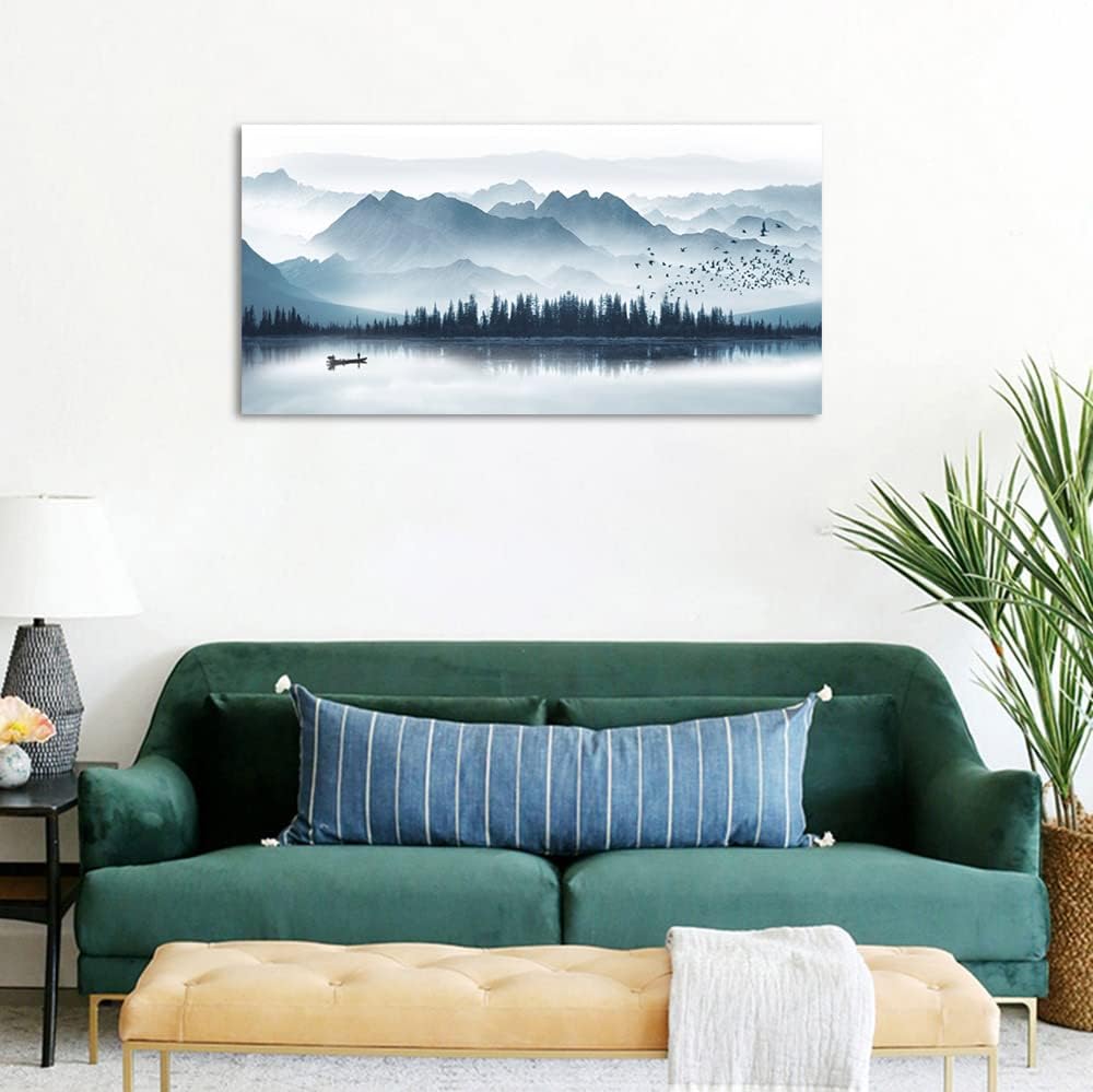 Indigo Canvas Wall Art Misty Mountain Wall Pictures Foggy Lake Boat Painting Prints Forest Birds Artwork Wall Decor