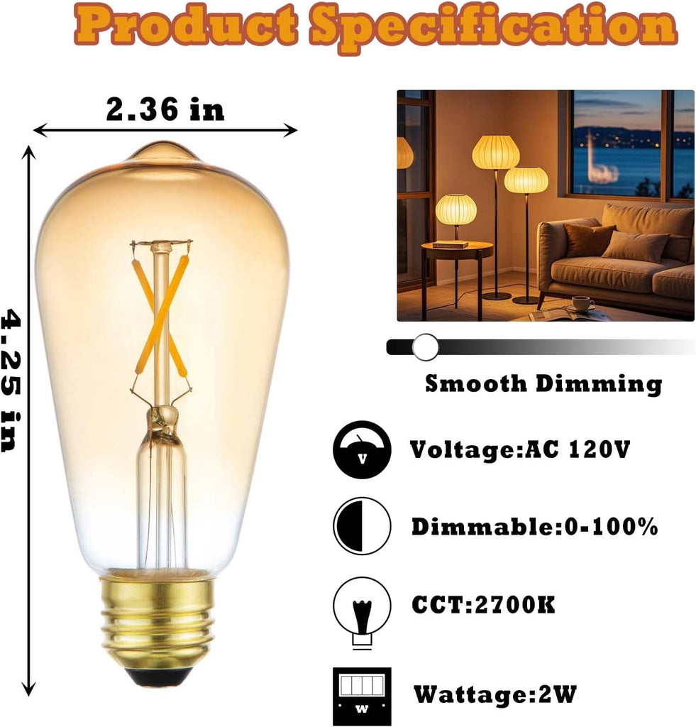 LED Light Bulbs, Dimmable Vintage Light Bulb 25 Watt Equivalent, E26 Filament Bulbs, ST19 Antique Amber Glass Bulbs