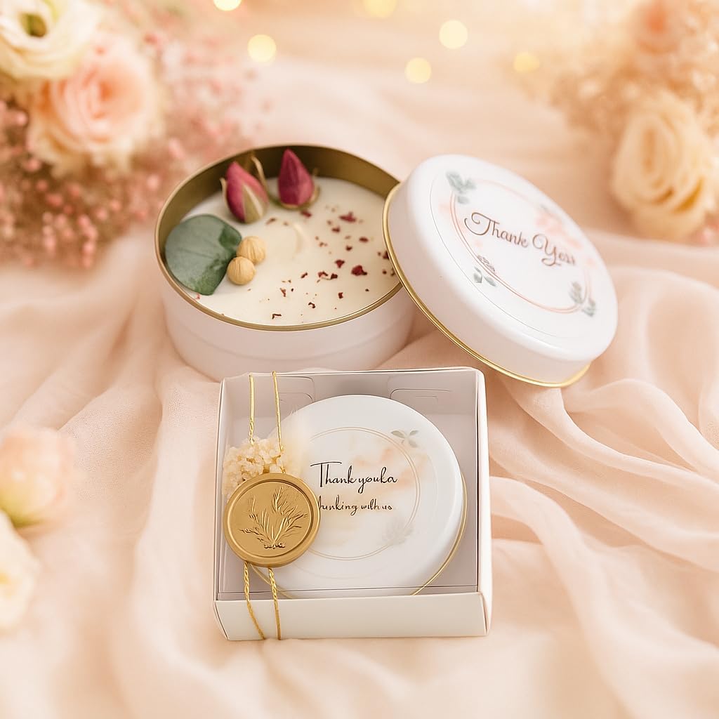 Wedding Candle Favor Set with Gift Box - Personalized Soy Wax Candles with Gold Seal & Gold String, Dried Flowers - Set of 10