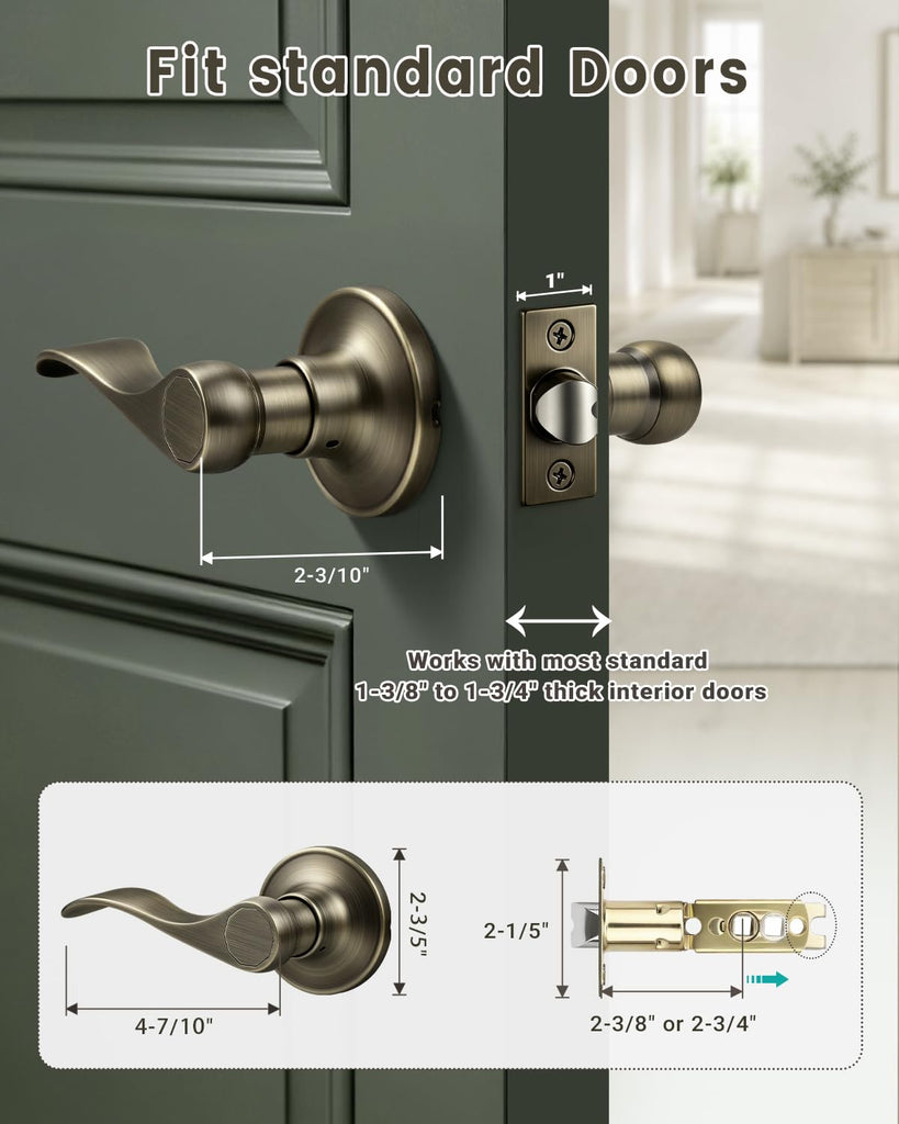 2 Pack Antique Bronze Finish Keyless Interior Door Handle, Vintage Passage Door Lever Closet, Non-Locking Wave Style