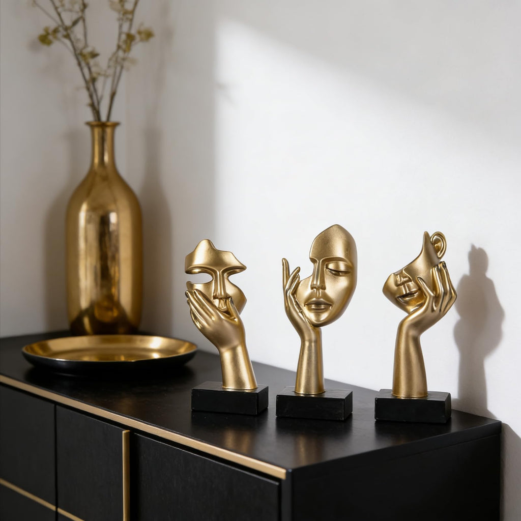 3 Pcs Thinker Small Statue Set - Black Gold Home Decor Abstract Art Figurines for Shelves, Living Room Coffee Table