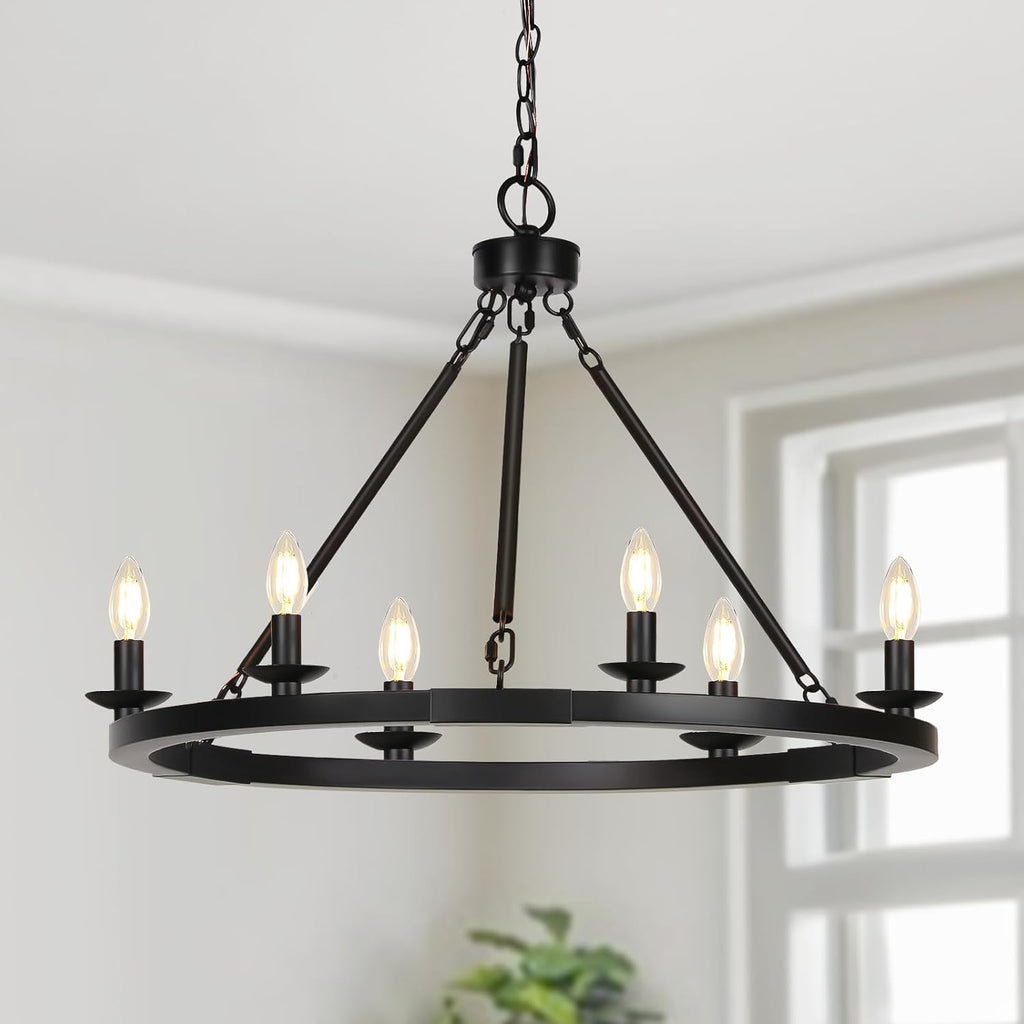 Black Farmhouse Chandelier, 6-Light Wagon Wheel Chandelier with Adjustable Height, Dining Room Light Fixture