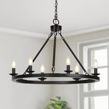 Black Farmhouse Chandelier, 6-Light Wagon Wheel Chandelier with Adjustable Height, Dining Room Light Fixture