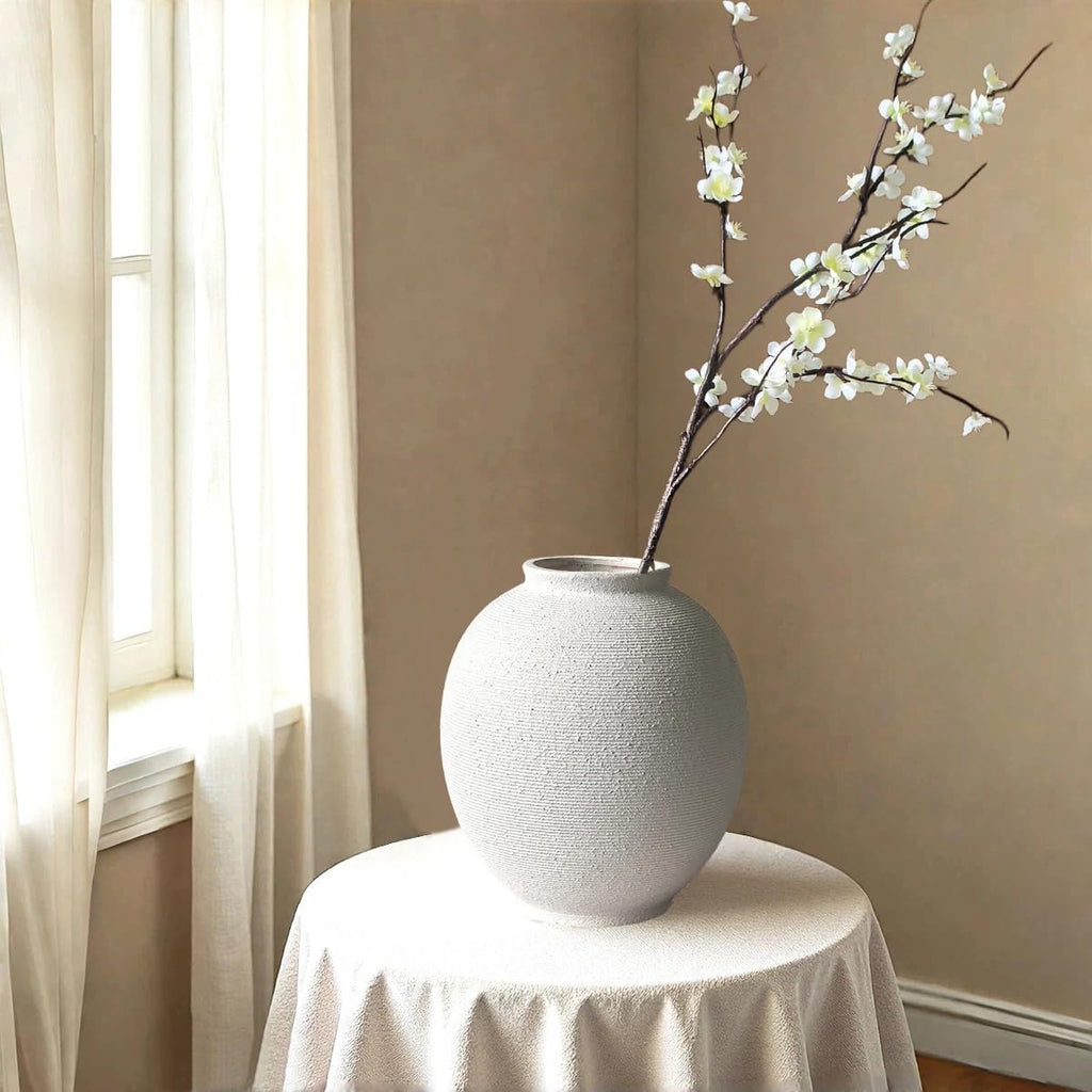 White Ceramic Vase, 9.8" Large, Round, Sandstone White | Farmhouse Style, Hand-Made Textured, Minimalist Design