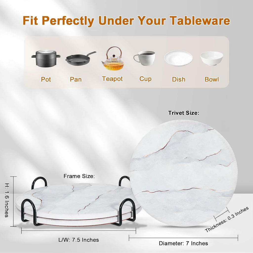 3-PCS 7 Inch Ceramic Marble Style Trivets for Hot Dishes, Absorbent Heat Resistant Hot Pads with Cork Bottom - Set of 3