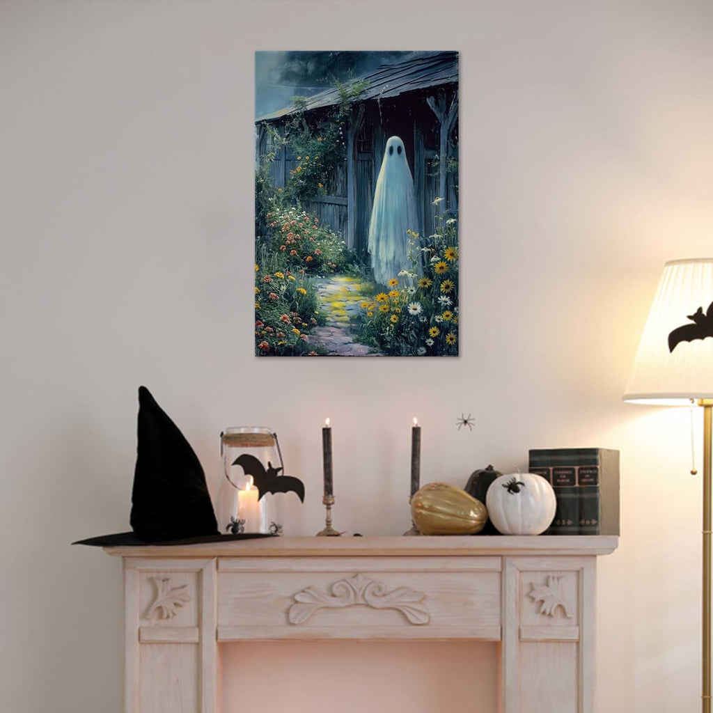 Retro White Ghost Posters Funny Cute Horror Scary Wall Art A Ghost Stands At The Door Of The House Prints Painting