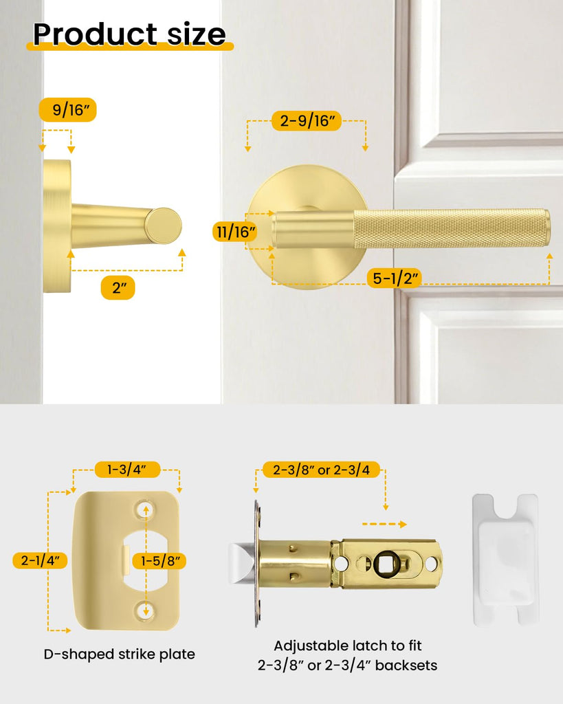 1 Pack Gold Door Handle Interior, Knurled Brushed Gold Door Handle, Passage Door Handle s and Closets, Reversible