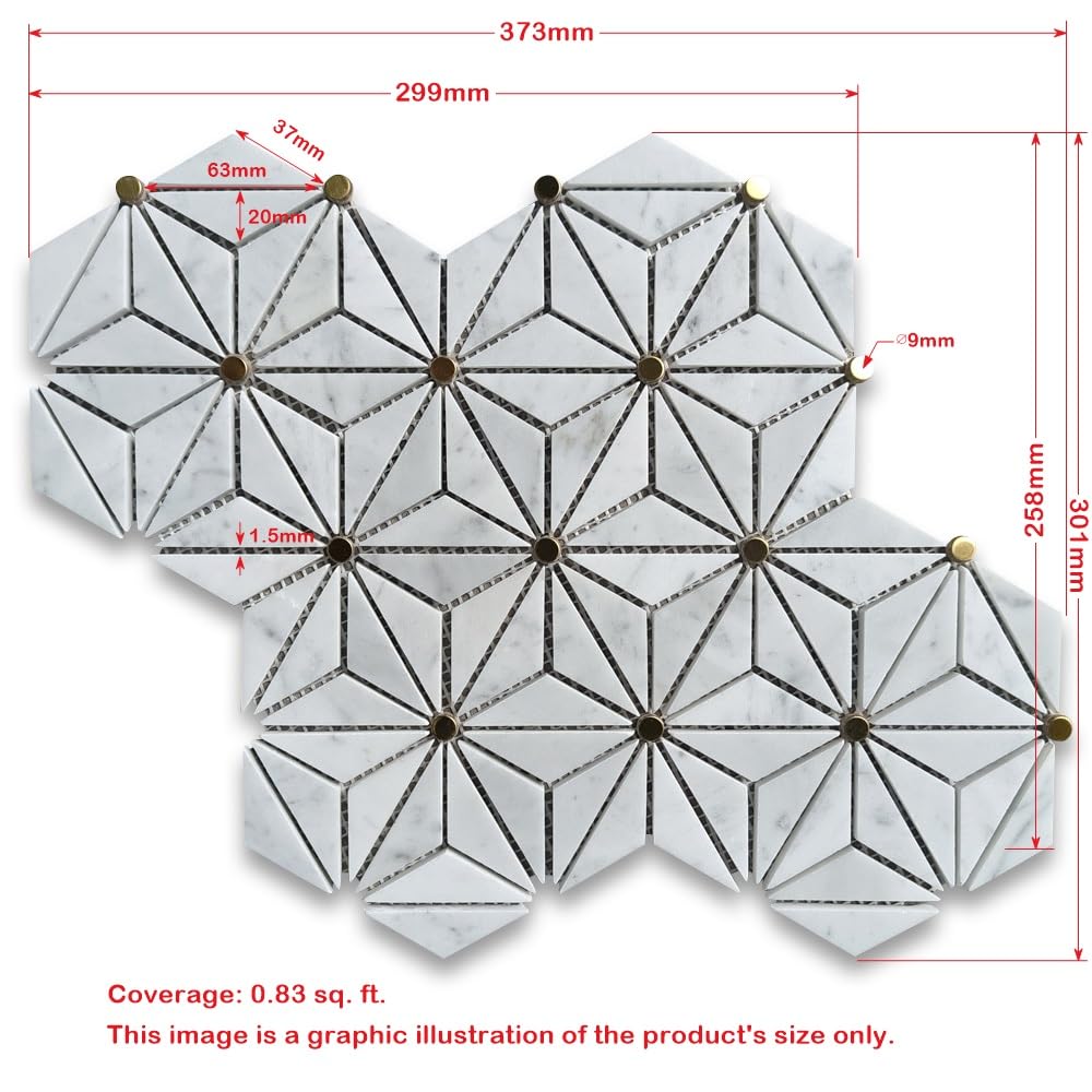 Carrara White Marble 1.5x2.5 Rhombus Triangle Geometric Mosaic Tile w/Round Brass Dots Polished Kitchen Bath Wall