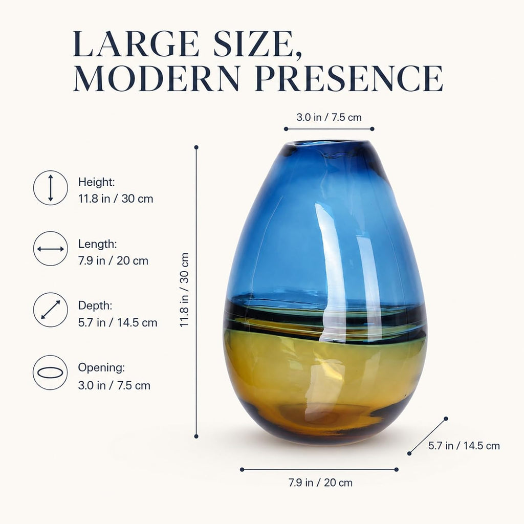 11.8in H Hand Blown Glass Vase,Murano Style Blue and Amber Gradient Sea Art