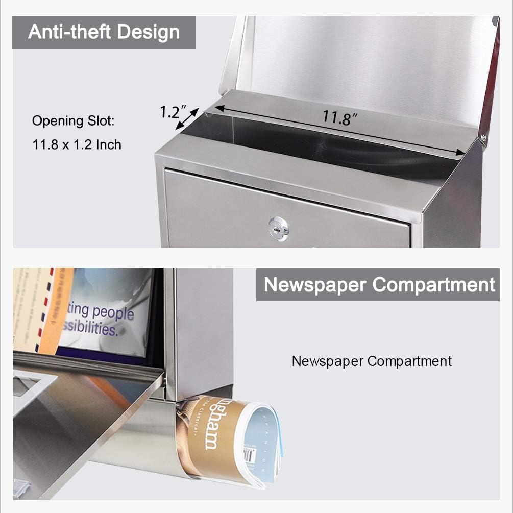 Locking Wall Mount Mailbox, Stainless Steel Mailboxes with Secure Key Lock and Newspaper Compartment, HPB2203 Silver