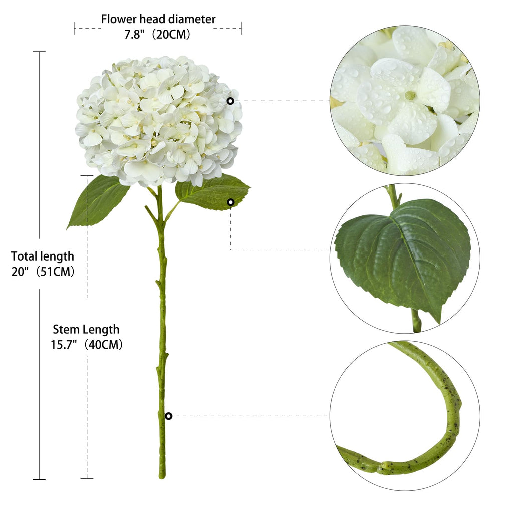 4PCS White Artificial Flowers Hydrangea 20" Real Touch Latex Faux Hydrangeas Silk Flowers with Green Leaves Stems for