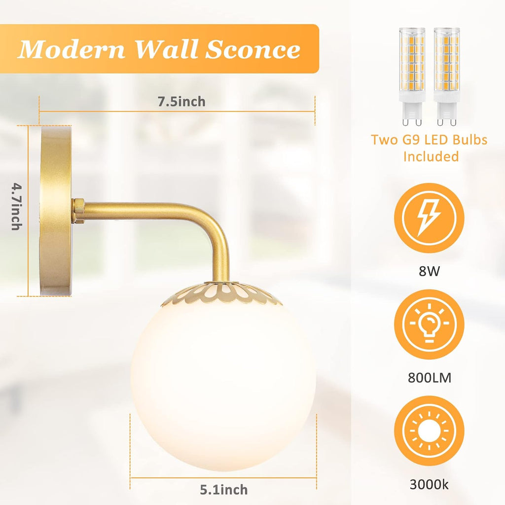 Modern Gold Wall Sconces Set of Two, Mid Century Wall Mounted Lamp, Brass Sconce with White Globe Glass, LED Wall