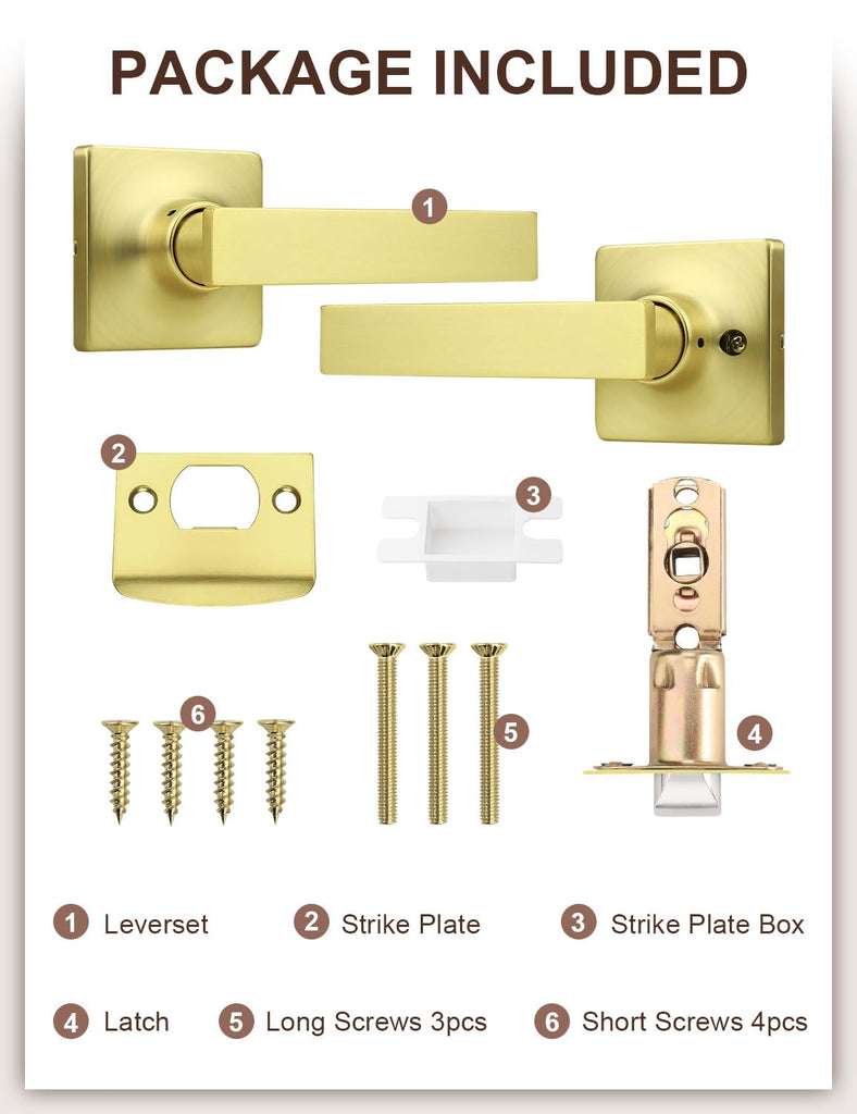 10 Pack Passage Door Levers Gold Finish, No-Locking Keyless Square Door Knob, Interior Door Handles for Closet and
