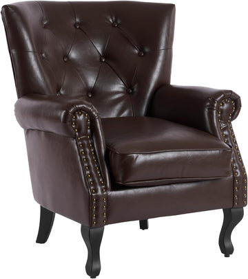 PU Leather Accent Chair, Mid-Century Modern Armchair Living Room Club Chair with Tufted Button & Rivet Trim