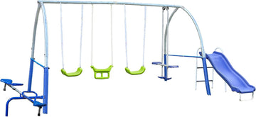 Titan II Safe-Arch Swing Set for Backyard, Silver, Blue & Green - Includes Seesaw, 2 Swing Seats, Stand R, Air