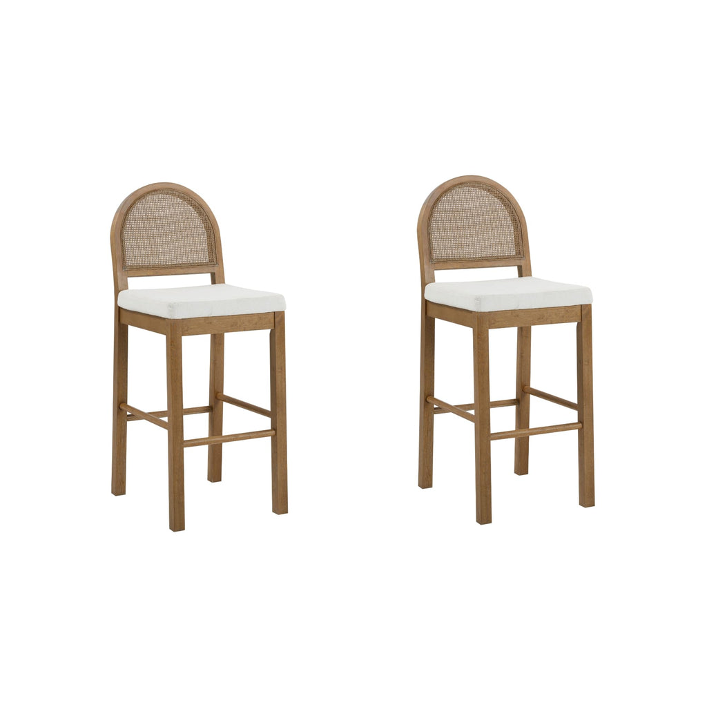 Bailey 29 in. Boucle Bar Stool with Back, Bar Height Chair with Natural Woven Rattan Back and Solid Wood Legs, Light