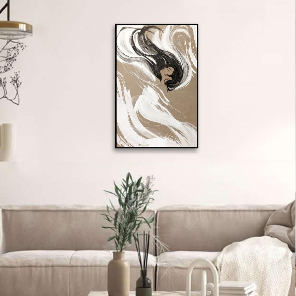 Framed Woman Decor Wall Art - 24 x 36 Abstract Modern Tan Beige Female Portrait Pictures Canvas Print Living Room