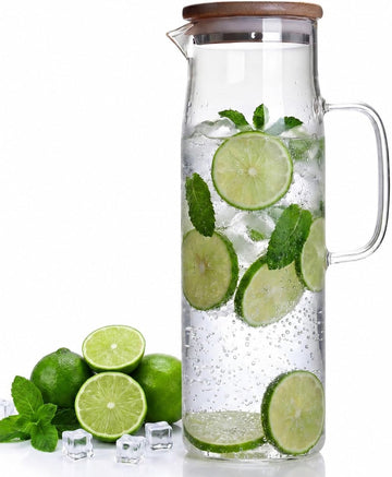 Glass Pitcher with Lid Glass Water Carafe with Handle, Fridge Water Jug Cold or Hot Beverages, Iced Tea, Milk, Juice