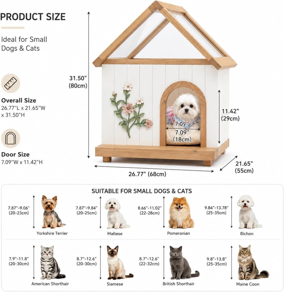 Indoor Dog House for Small Dogs, FSC Cedar Wood Dog House, Transparent Sunlit Roof, Handcrafted Flower Carvings
