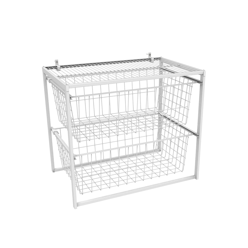 Wire Basket 2 Drawer Organizer Unit with Shelf for Pantry, Closet, Clothes, Linens, Sturdy Steel, Easy Assembly, White