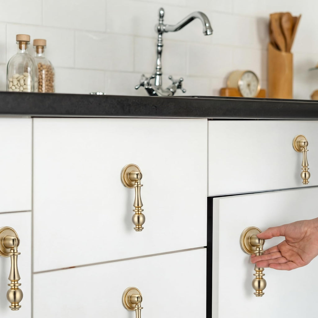 6 Pack Solid Brass Drop Cabinet Pulls 2.5 Inch, Brushed Gold Cabinet Knobs for Dresser and Drawers, Decorative
