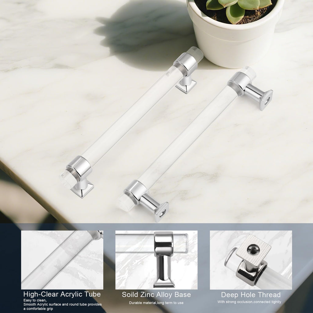5 Pack Acrylic Cabinet Handles 5 inch Drawer Pulls Modern Decor Silver Chrome Kitchen Hardware Cabinet Pull Handles