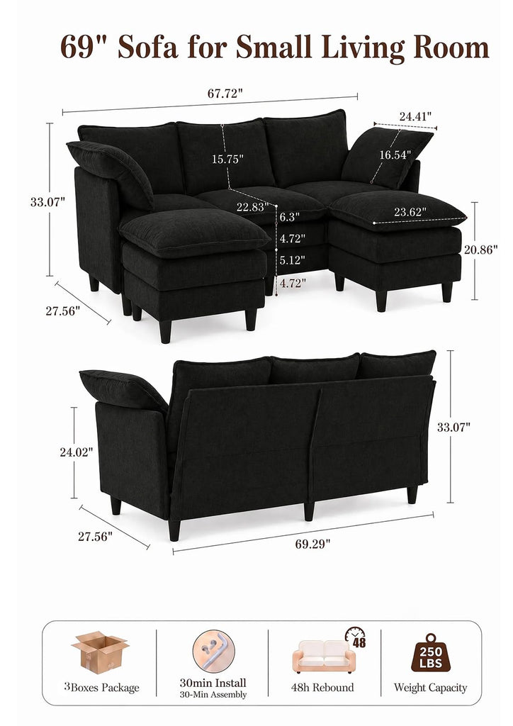 69" Small U-Shaped 4-Seat Convertible Sectional Sofa Couch, Chenille, Black