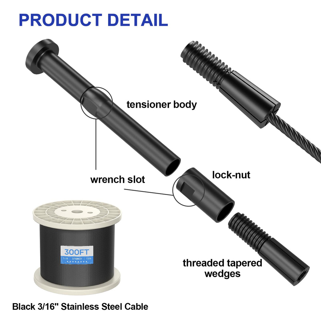 20 Pack 3/16" Black Swageless Invisible Cable Railing Kits