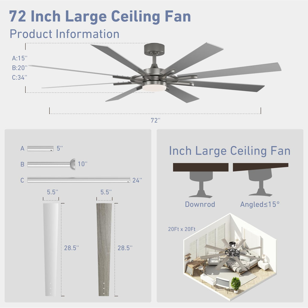 72 Inch Smart Ceiling Fan with Light and Remote, Silver Ceiling Fan with Quiet Reversible DC Motor, Compatible with