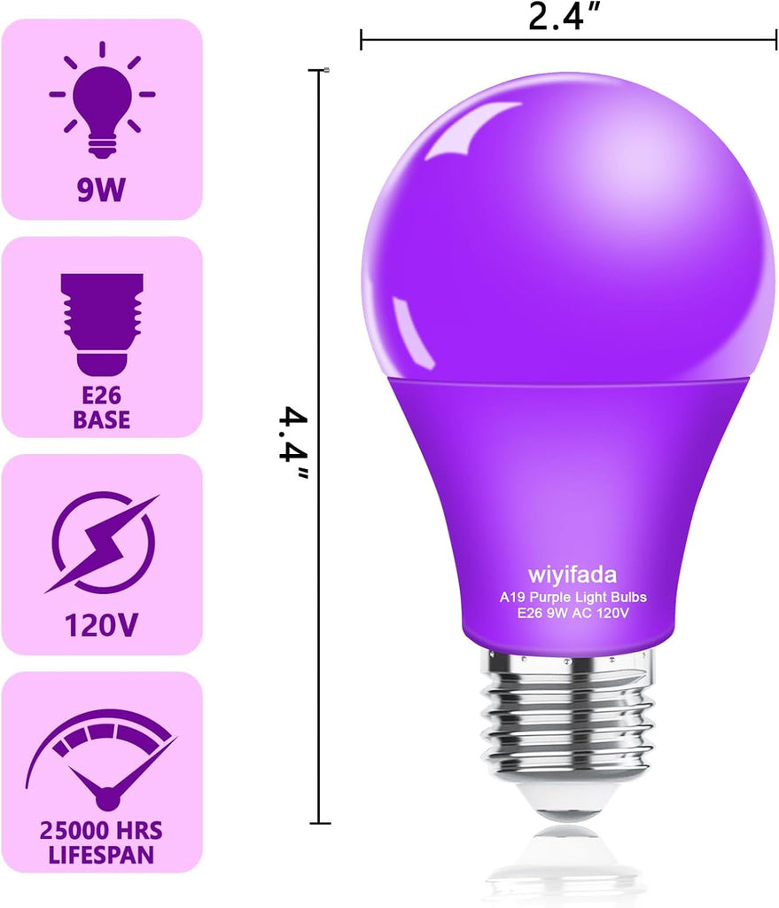 LED A19 Purple Light Bulb, 9W Purple LED Light Replace Up to 100W, E26 Base AC120V Dimmable Colored Light Bulb