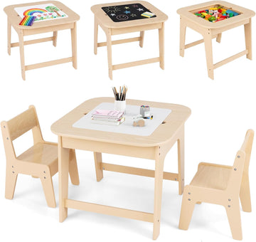 Kids Table and Chair Set, 3 in 1 Wooden Activity Table with Removable Tabletop, Blackboard and Whiteboard
