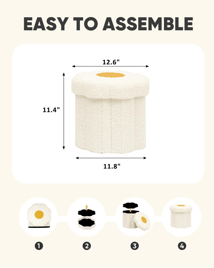 Folding Storage Ottoman, Cream Boucle Daisy Footstool