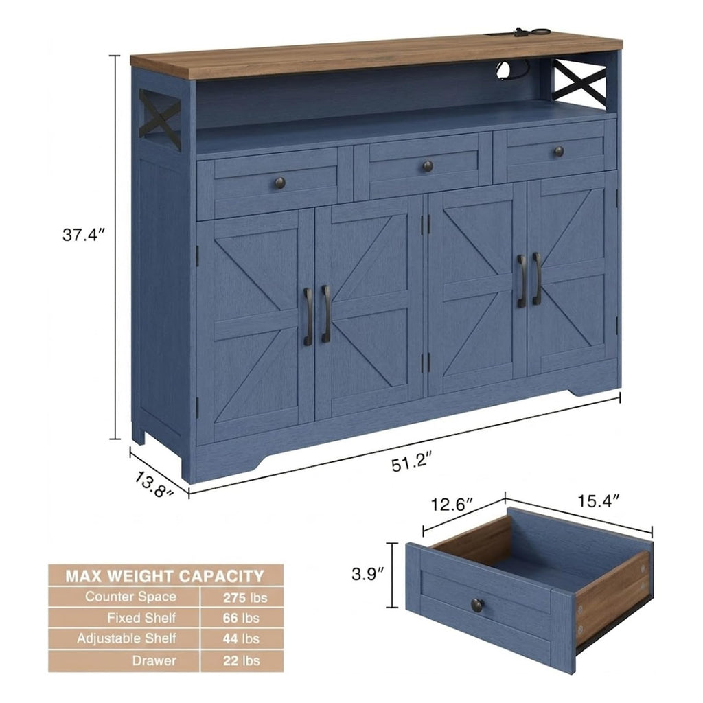 51" Blue Buffet Sideboard Cabinet, Farmhouse Storage Cabinet Kitchen Pantry