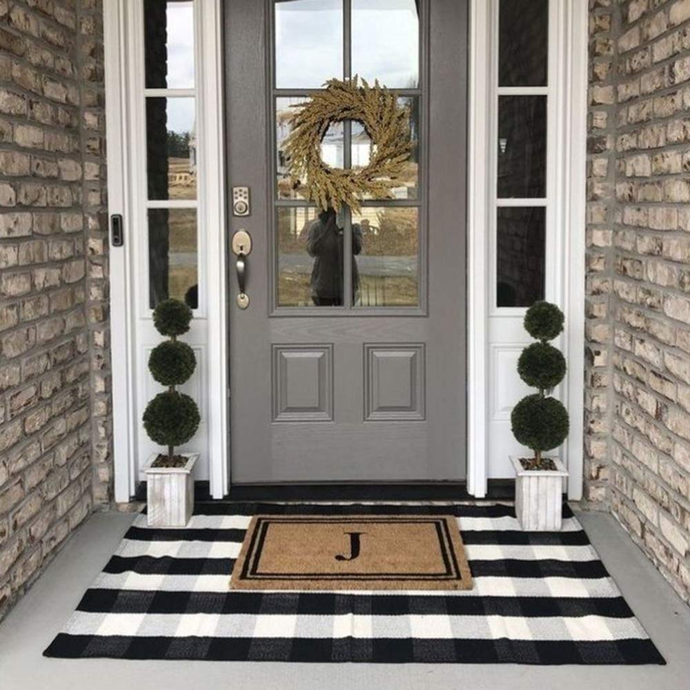 Buffalo Plaid Outdoor Rug 35.4'' x 59'' Black and White Front Door Mat Front Porch Rug Layered Welcome Door Mat for