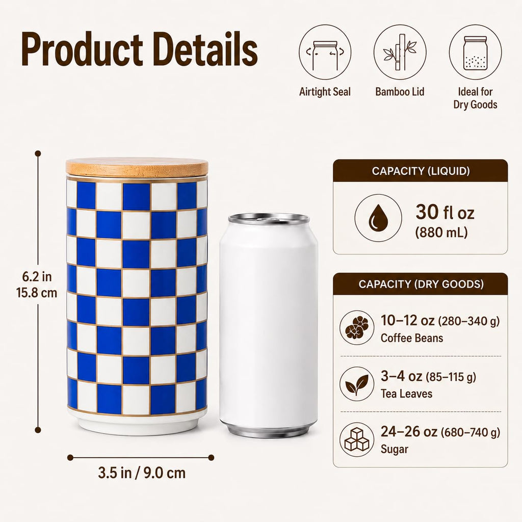 Checkered Airtight Ceramic Canister with Bamboo Lid for Food Storage