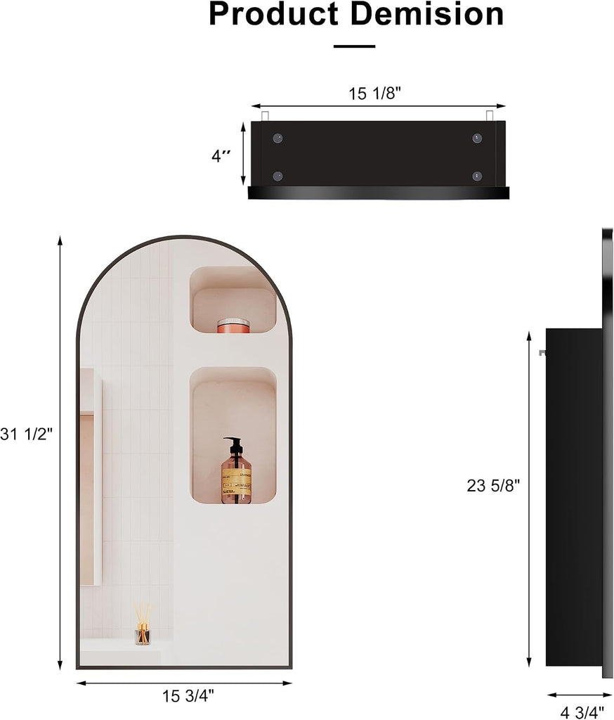 Arched Medicine Cabinet with Mirror, Arched Mirror Cabinet | Black Metal Edge,Medicine Cabinet Surface Mount
